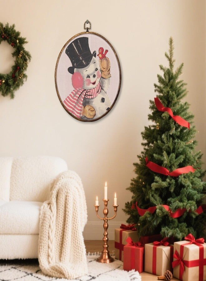 HUGANE Vintage Pink Christmas Snowman Round Wall Art Decor, Rustic Cozy Xmas Winter Snowman Hanging Canvas Framed Prints Wall Sculptures for Home Bedroom Living Room Decor, 10x10 Inch - Image 3